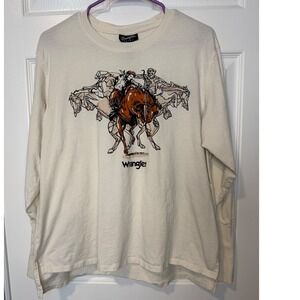 Wrangler Retro Women's Cream Long Sleeve Cotton Shirt Western Cowboy Horses M